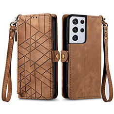 Leather Case Stands Flip Cover Holder S17D for Samsung Galaxy S23 Ultra 5G Brown