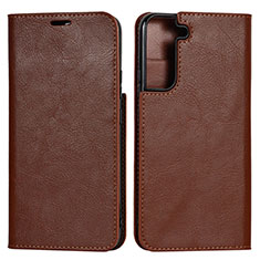 Leather Case Stands Flip Cover Holder T01D for Samsung Galaxy S22 Plus 5G Light Brown