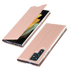 Leather Case Stands Flip Cover Holder T03D for Samsung Galaxy S21 Ultra 5G Rose Gold