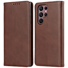 Leather Case Stands Flip Cover Holder T04D for Samsung Galaxy S21 Ultra 5G Brown