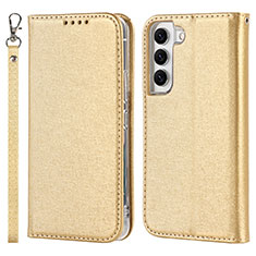 Leather Case Stands Flip Cover Holder T08D for Samsung Galaxy S23 5G Gold