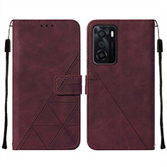 Leather Case Stands Flip Cover Holder Y01B for Oppo A55S 5G Red Wine