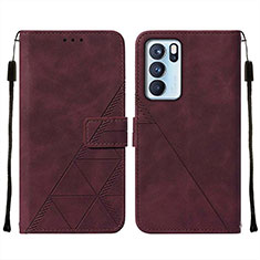Leather Case Stands Flip Cover Holder Y01B for Oppo Reno6 Pro 5G India Red Wine