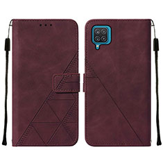 Leather Case Stands Flip Cover Holder Y01B for Samsung Galaxy A12 Nacho Red Wine