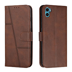 Leather Case Stands Flip Cover Holder Y01X for Motorola Moto E22S Brown
