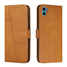 Leather Case Stands Flip Cover Holder Y01X for Motorola Moto E22S Light Brown