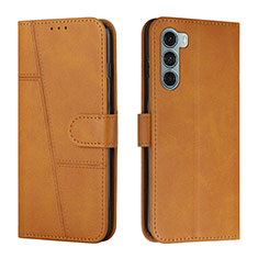 Leather Case Stands Flip Cover Holder Y01X for Motorola Moto G200 5G Light Brown