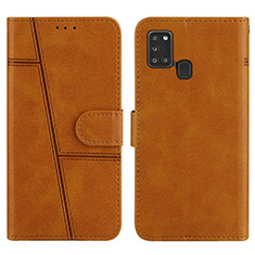 Leather Case Stands Flip Cover Holder Y01X for Samsung Galaxy A21s Light Brown