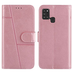 Leather Case Stands Flip Cover Holder Y01X for Samsung Galaxy A21s Rose Gold