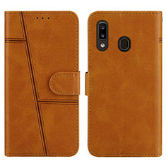 Leather Case Stands Flip Cover Holder Y02X for Samsung Galaxy A20 Light Brown