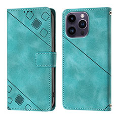 Leather Case Stands Flip Cover Holder Y05B for Apple iPhone 13 Pro Max Cyan