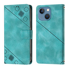 Leather Case Stands Flip Cover Holder Y05B for Apple iPhone 14 Cyan