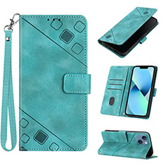 Leather Case Stands Flip Cover Holder Y06B for Apple iPhone 14 Cyan