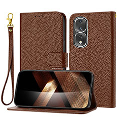 Leather Case Stands Flip Cover Holder Y09X for Huawei Honor 80 Pro 5G Brown