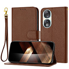 Leather Case Stands Flip Cover Holder Y09X for Huawei Honor 90 5G Brown