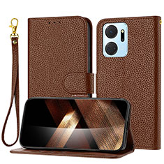 Leather Case Stands Flip Cover Holder Y09X for Huawei Honor X7a Brown