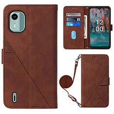 Leather Case Stands Flip Cover Holder YB1 for Nokia C12 Brown