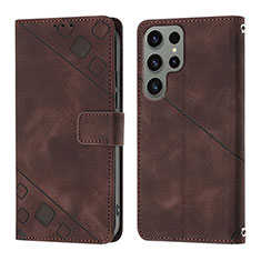 Leather Case Stands Flip Cover Holder YB1 for Samsung Galaxy S22 Ultra 5G Brown
