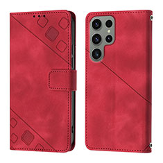 Leather Case Stands Flip Cover Holder YB1 for Samsung Galaxy S22 Ultra 5G Red