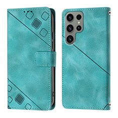 Leather Case Stands Flip Cover Holder YB1 for Samsung Galaxy S24 Ultra 5G Cyan