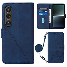 Leather Case Stands Flip Cover Holder YB1 for Sony Xperia 1 V Blue