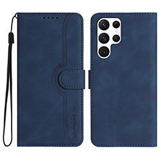 Leather Case Stands Flip Cover Holder YX2 for Samsung Galaxy S22 Ultra 5G Blue