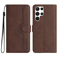 Leather Case Stands Flip Cover Holder YX2 for Samsung Galaxy S22 Ultra 5G Brown