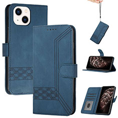Leather Case Stands Flip Cover Holder YX4 for Apple iPhone 15 Plus Blue