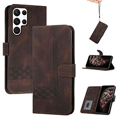 Leather Case Stands Flip Cover Holder YX4 for Samsung Galaxy S22 Ultra 5G Brown