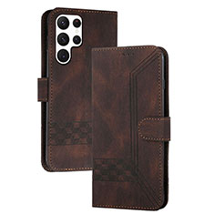 Leather Case Stands Flip Cover Holder YX4 for Samsung Galaxy S24 Ultra 5G Brown