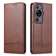 Leather Case Stands Flip Cover Holder YZ1 for Huawei P60 Pro Brown
