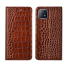 Leather Case Stands Flip Cover L02 Holder for Oppo A53 5G Light Brown