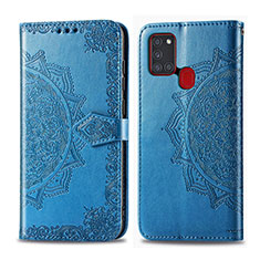 Leather Case Stands Flip Cover L02 Holder for Samsung Galaxy A21s Blue