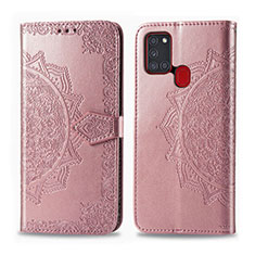 Leather Case Stands Flip Cover L02 Holder for Samsung Galaxy A21s Rose Gold