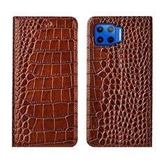 Leather Case Stands Flip Cover L05 Holder for Motorola Moto One 5G Light Brown
