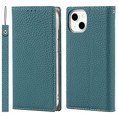 Leather Case Stands Flip Cover L09 Holder for Apple iPhone 14 Cyan