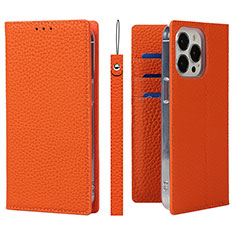 Leather Case Stands Flip Cover L09 Holder for Apple iPhone 14 Pro Orange