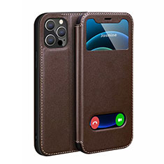Leather Case Stands Flip Cover N01 Holder for Apple iPhone 12 Pro Max Brown