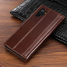 Leather Case Stands Flip Cover P01 Holder for Samsung Galaxy Note 10 Plus Brown
