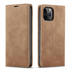 Leather Case Stands Flip Cover T01 Holder for Apple iPhone 12 Pro Max Light Brown
