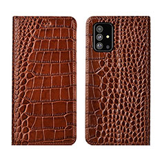 Leather Case Stands Flip Cover T01 Holder for Samsung Galaxy A51 5G Light Brown