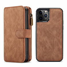 Leather Case Stands Flip Cover T02 Holder for Apple iPhone 12 Pro Brown