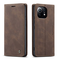 Leather Case Stands Flip Cover T04 Holder for Xiaomi Mi 11 5G Brown