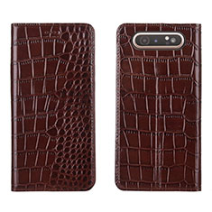 Leather Case Stands Flip Cover T06 Holder for Samsung Galaxy A80 Brown