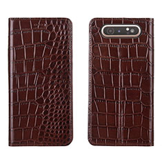 Leather Case Stands Flip Cover T06 Holder for Samsung Galaxy A90 4G Brown