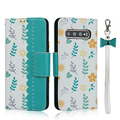 Leather Case Stands Flip Cover T06 Holder for Samsung Galaxy S10 5G Cyan