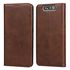 Leather Case Stands Flip Cover T08 Holder for Samsung Galaxy A80 Brown