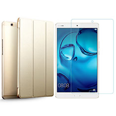 Leather Case Stands Flip Cover with Tempered Glass Screen Protector for Huawei MediaPad M3 Gold