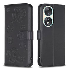 Leather Case Stands Flip Flowers Cover Holder BF1 for Huawei Honor 90 5G Black