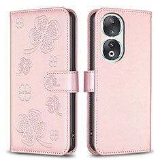Leather Case Stands Flip Flowers Cover Holder BF1 for Huawei Honor 90 5G Rose Gold